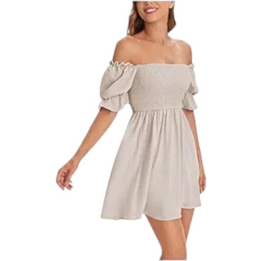 Summer Dress Off Shoulder Puff Sleeve Beach Flowy Dress Size Med EUC #6027